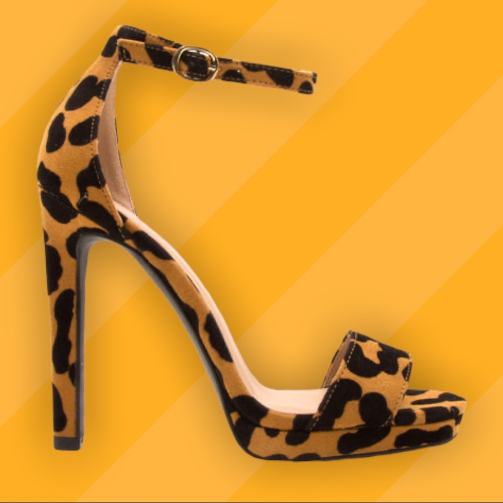 Qupid CHICAGO-01X Camel Black Leopard Suede One Band Ankle Strap Heeled Sandal